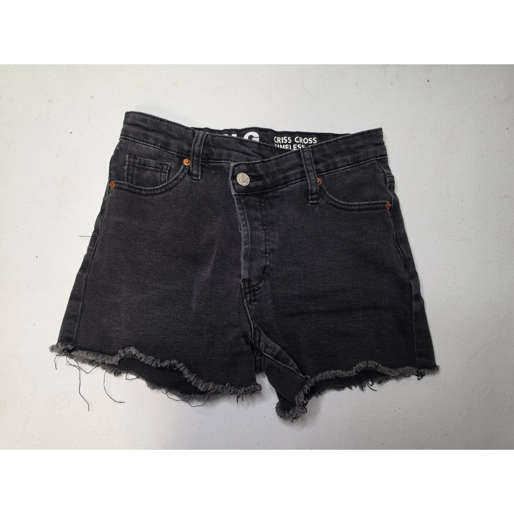SONG Criss Cross Timeless Shorts Black Denim Raw Hem Asymmetrical Size 0/24